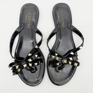 Valentino Garavani Rockstud Black Bow Jelly Thong Sandal Flip Flop Shoes Size 36